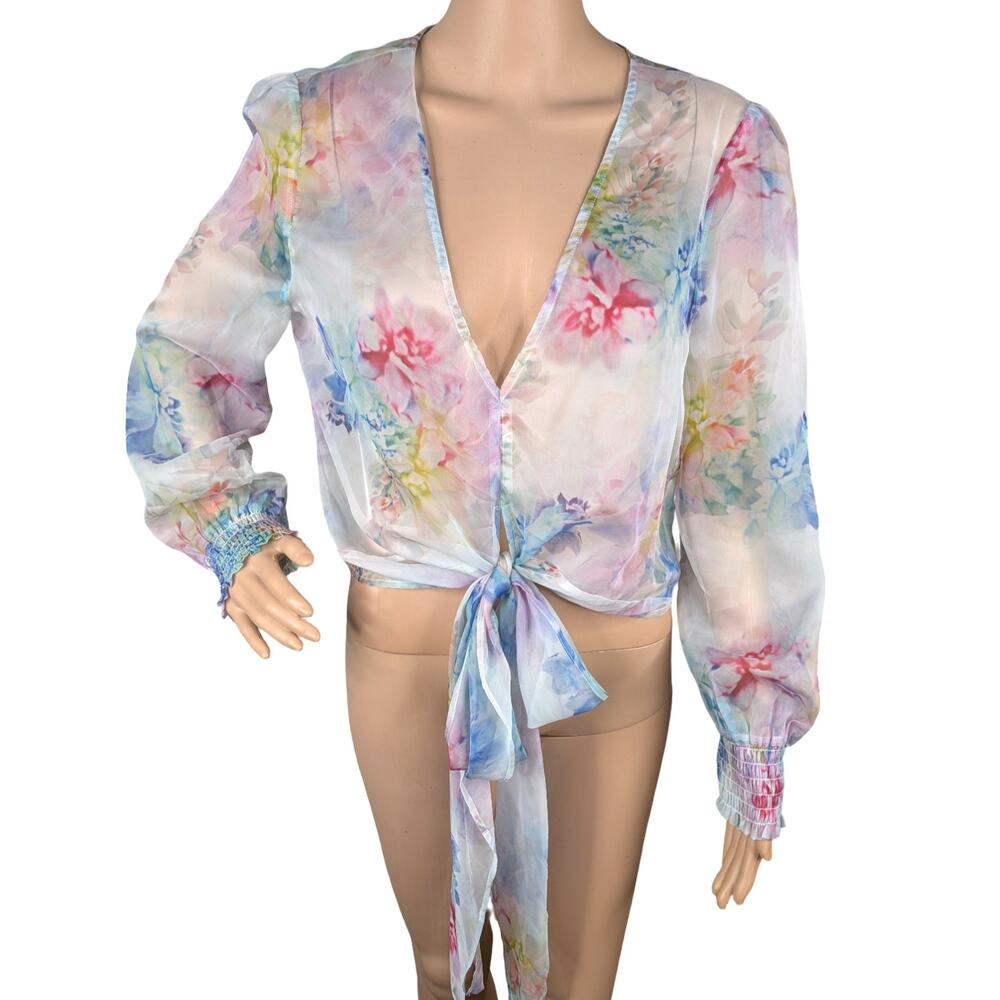 NWT Bebe Printed Chiffon Floral Tie Front Puff Sleeve Blouse Size M Sheer Fairy